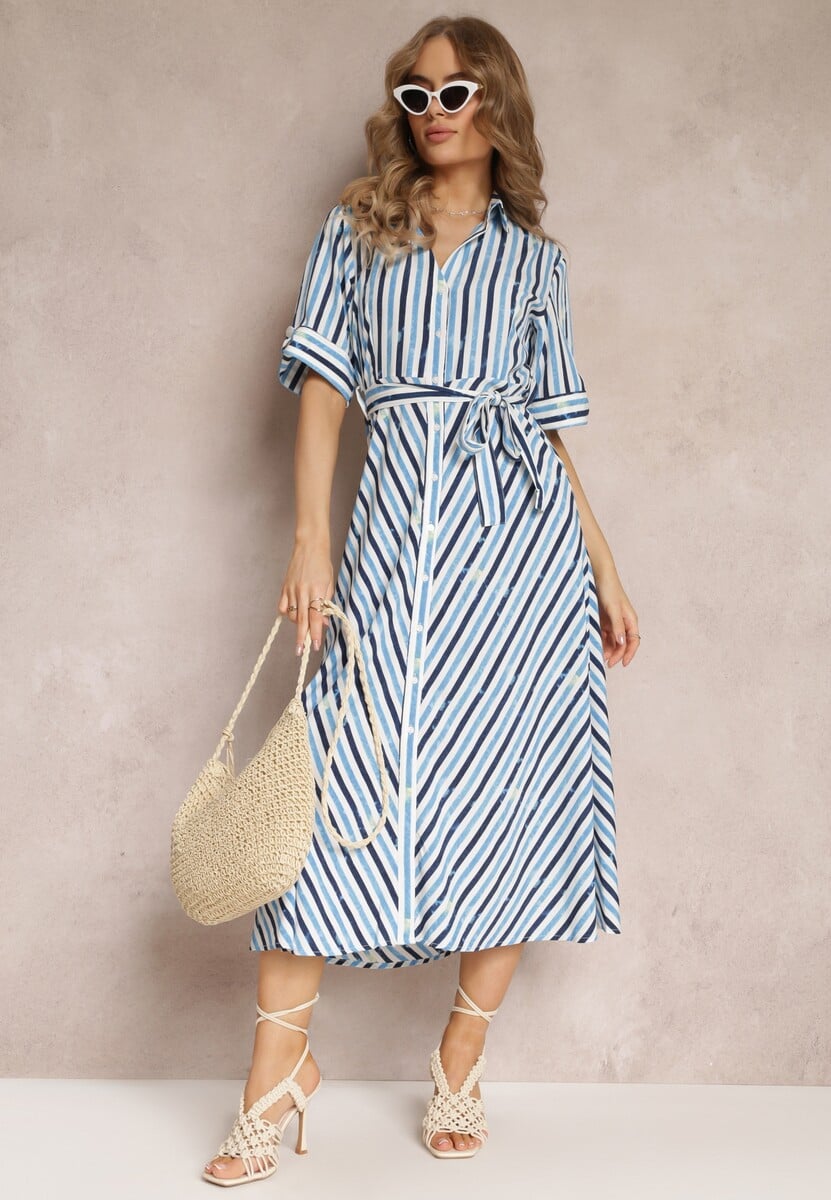 Niebieska Koszulowa Sukienka Wiązana w Talii w Paski Nastika