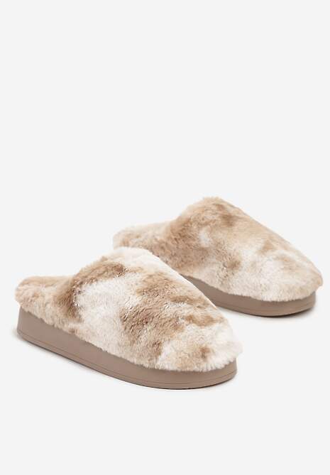 Ciemnobeżowe Kapcie na Płaskiej Podeszwie z Futerkiem Leranna