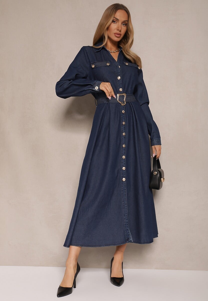 Granatowa Wiskozowa Sukienka Koszulowa z Bawełną Ozdobiona Paskiem Halanoria