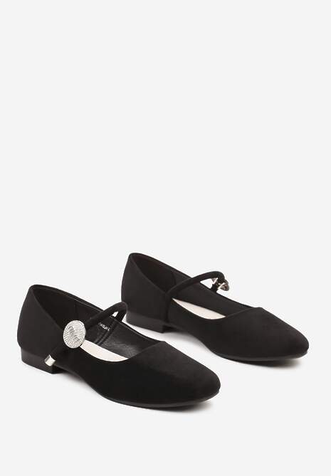 Czarne Balerinki na Płaskiej Podeszwie ze Skórzaną Wkładką Ozdobione Metalową Aplikacją Savilae