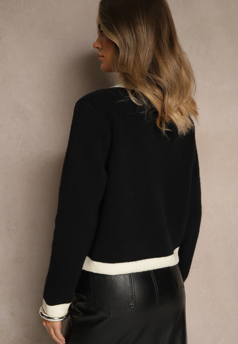 Czarny Rozpinany Klasyczny Kardigan z Wełną Senneva