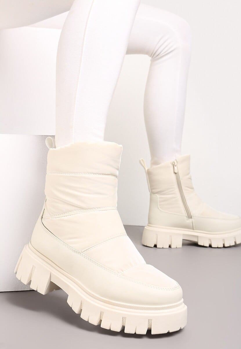 Beżowe Śniegowce za Kostkę z Pikowaniem i Niską Platformą Laugas