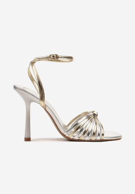 Srebrno-Złote Sandały na Szpilce z Cienkimi Paseczkami z Supełkiem Wloedia