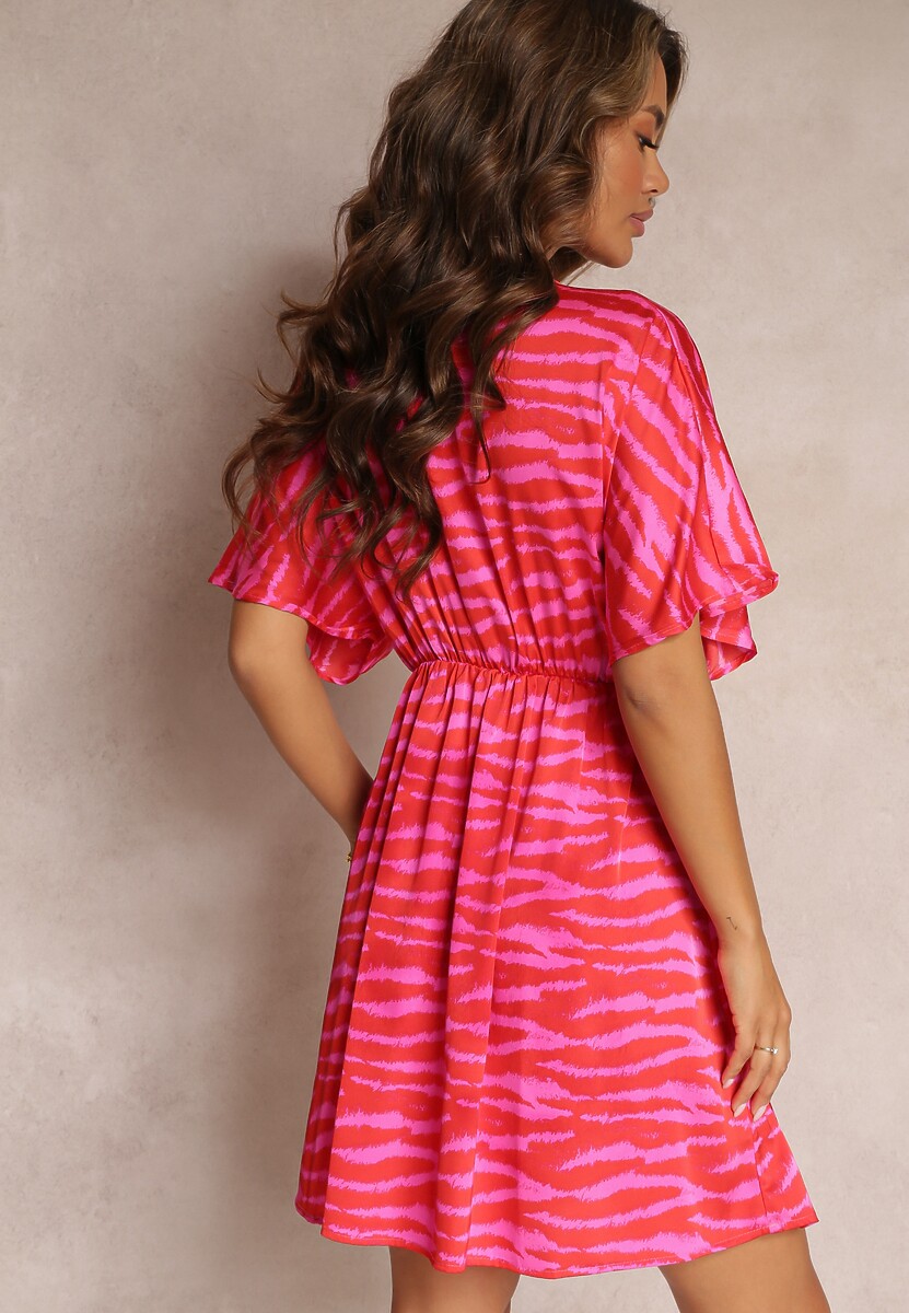 Różowo-Czerwona Rozkloszowana Sukienka Satynowa z Rękawem typu Nietoperz Elrera