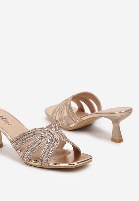 Szampańskie Klapki na Szpilce Kaczuszce Ozdobione Cyrkoniami i Plecionką Fandeora