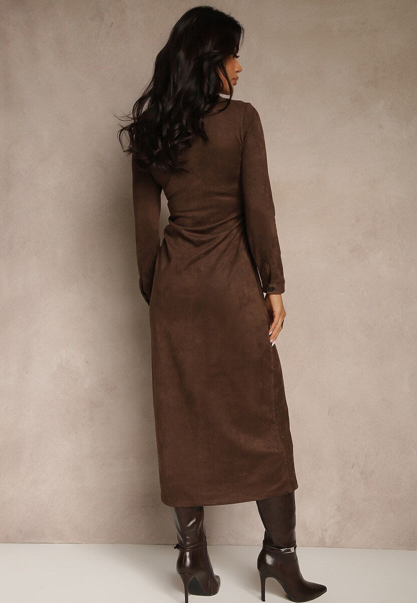 Brązowa Marszczona Sukienka z Imitacji Zamszu o Koszulowym Kroju Esora