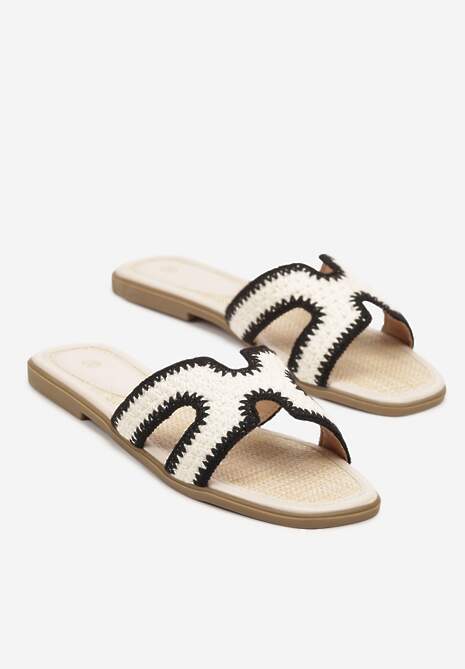 Beżowo-Czarne Klapki z Geometryczną Cholewką i Haftem Zeramea