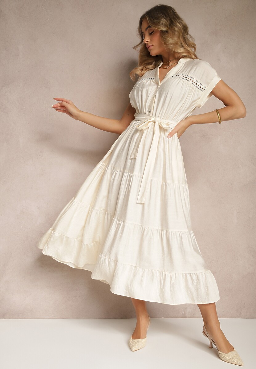 Beżowa Rozkloszowana Sukienka z Wiskozy z Wiązanym Paskiem Olissare