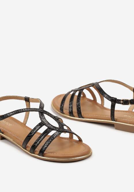Czarne Sandały na Płaskiej Podeszwie z Ozdobnymi Paskami Zapinanymi na Sprzączkę Rines