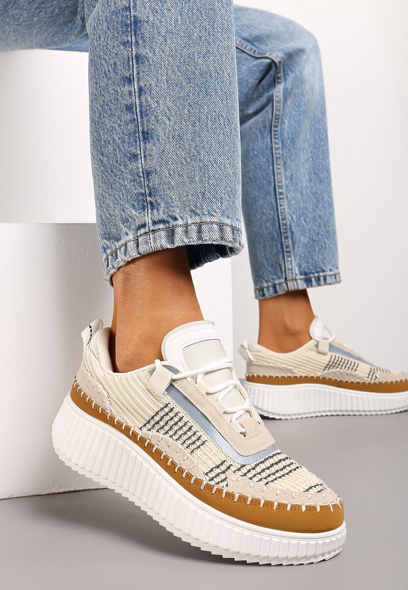 Beżowe Casualowe Sneakersy z Wiązaniem na Wzorzystej Grubej Podeszwie Aniata