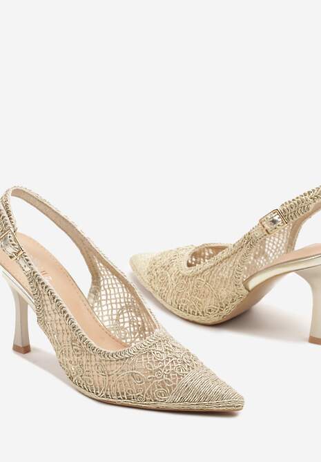 Złote Sandały na Szpilce Typu Slingback Ozdobione Siateczką Aranalia