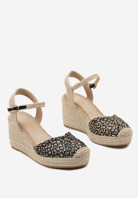Czarne Sandały w Stylu Espadryli z Plecionym Noskiem i Koturnem Sargia