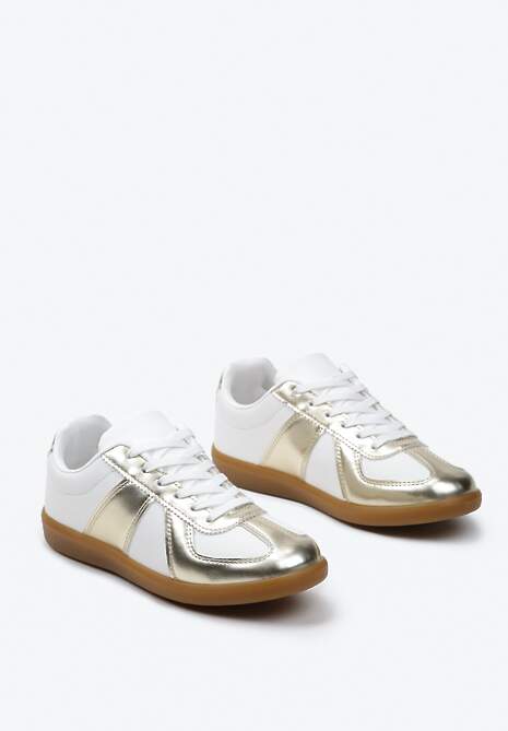 Złoto-Białe Sneakersy Tenisówki z Ozdobnymi Przeszyciami Sumina