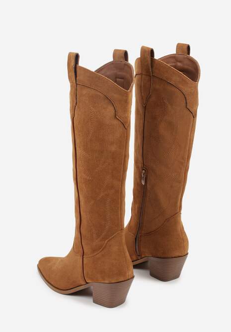 Jasnobrązowe Haftowane Kozaki Kowbojki na Stożkowym Obcasie Galianna