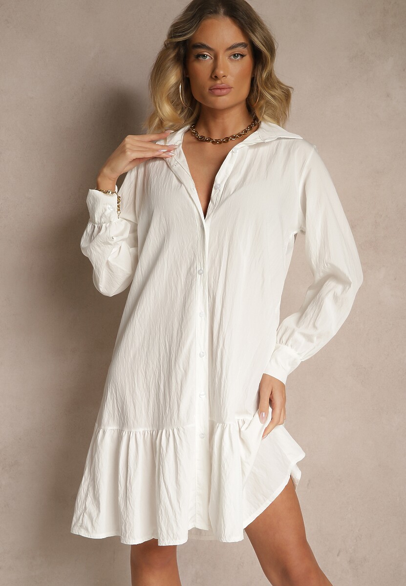 Biała Koszulowa Sukienka z Wiskozą Zakończona Falbanką Tirzedi