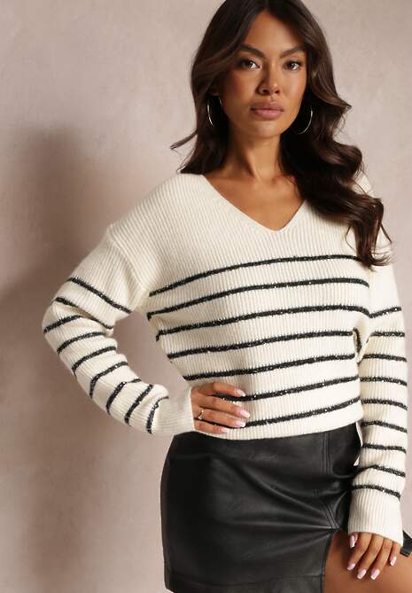 Beżowo-Czarny Sweter w Paski z Trójkątnym Dekoltem Ozdobiony Cekinami Avaninder