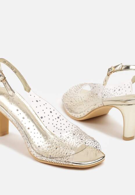 Złote Transparentne Sandały na Obcasie z Cyrkoniami i Wkładką ze Skóry Naturalnej Evelreia