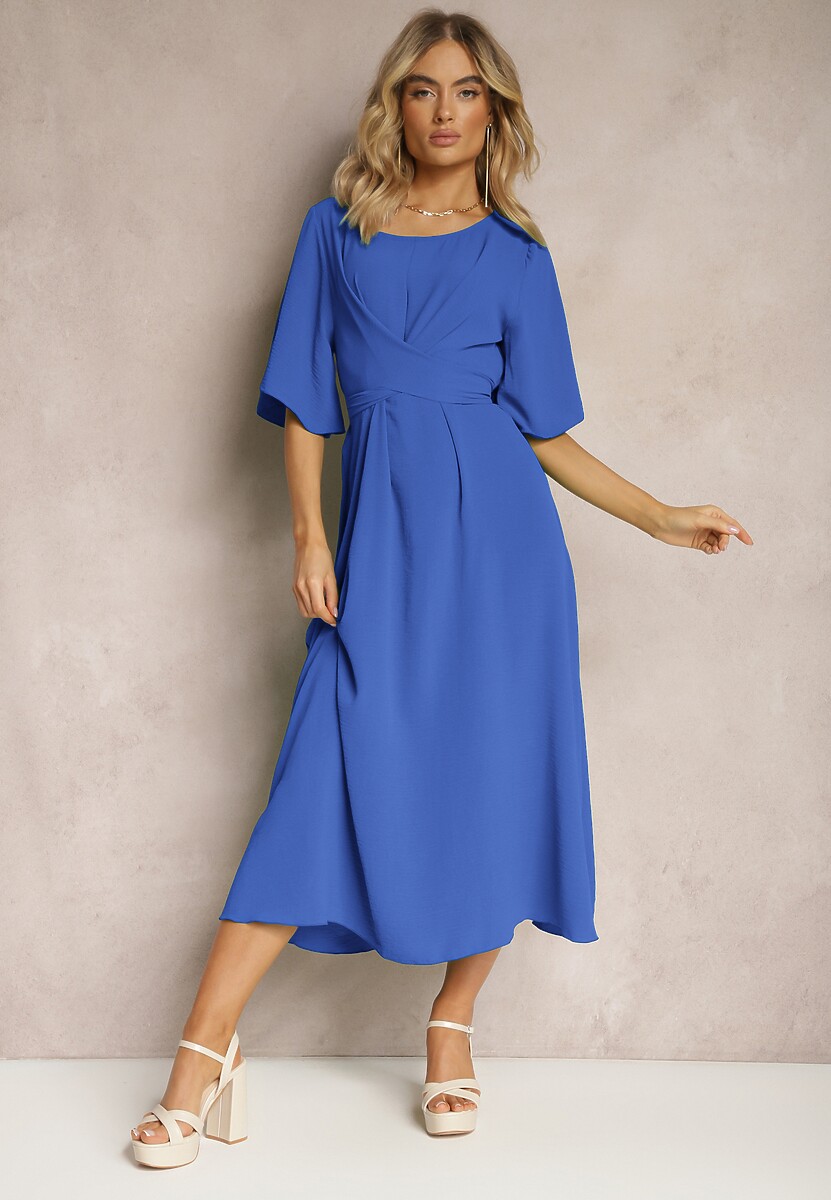 Ciemnobeżowa Rozkloszowana Sukienka Maxi z Szerokim Rękawem i Gumką w Pasie Sador