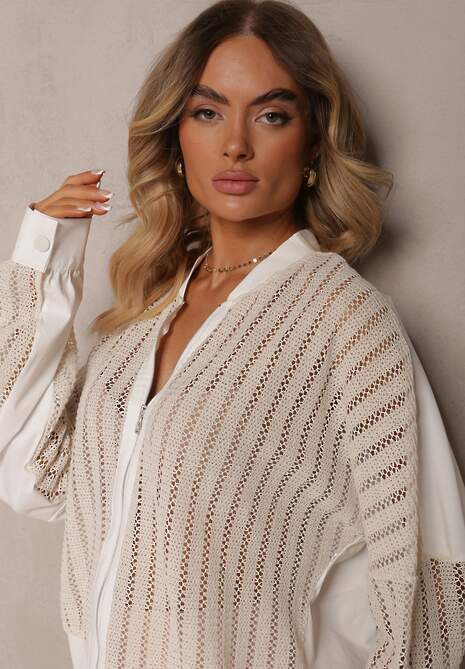 Jasnobeżowa Bawełniana Kurtka Bomberka o Ażurowym Wykończeniu Dimonias