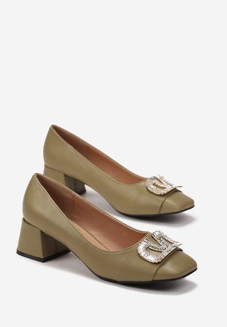 Zielone Czółenka z Klamrą na Froncie z Cyrkoniami na Słupku Lactis