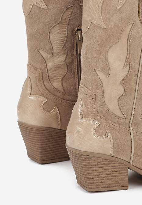 Ciemnobeżowe Kozaki Kowbojki na Stożku z Tłoczoną Cholewką Avrenne