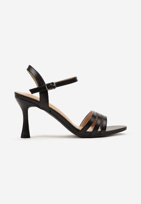 Czarne Sandały z Ekoskóry na Szpilce Zapinane na Sprzączkę Ploemis