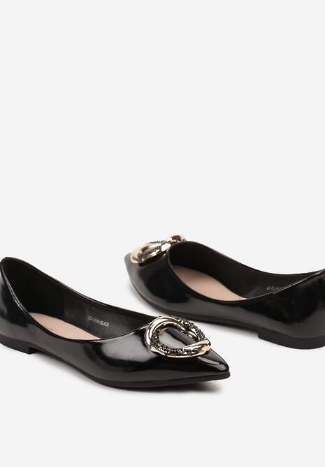 Czarne Balerinki na Płaskiej Podeszwie z Metalową Aplikacją Ozdobioną Cyrkonami Frapapia