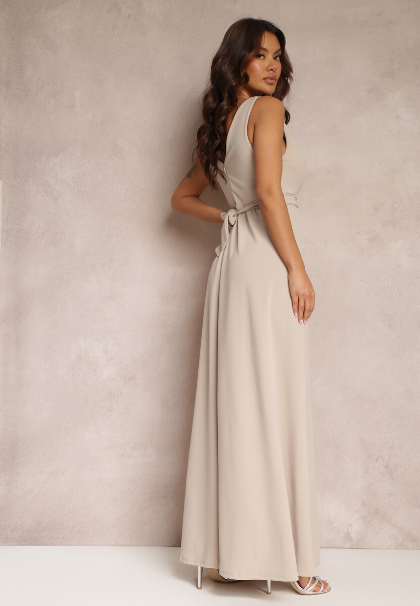 Jasnobeżowa Rozkloszowana Sukienka z Wycięciem i Paskiem w Cyrkonie Elineta