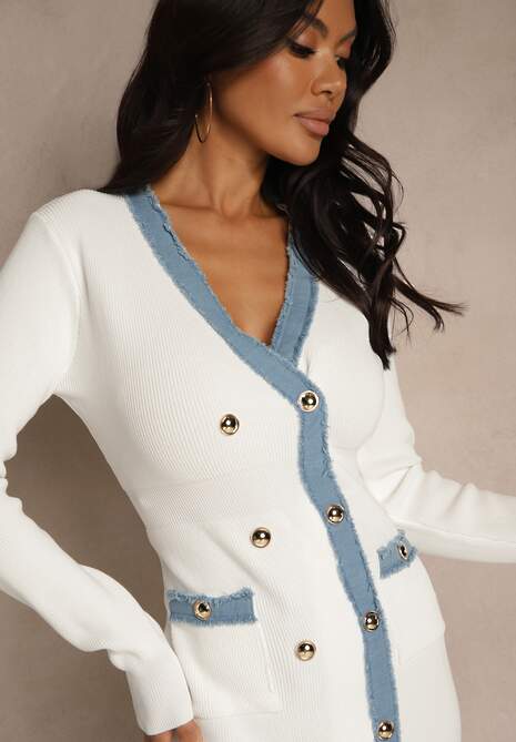 Biała Dopasowana Sukienka Retro z Dzianiny z Wiskozą Zdobiona Napami Teremena