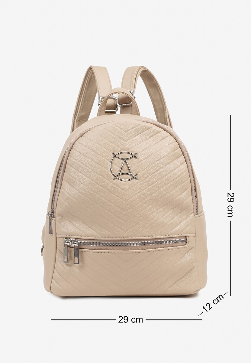 Beżowy Casualowy Plecak Ozdobiony Metalicznym Logo i Pikowaniem Jaloedi