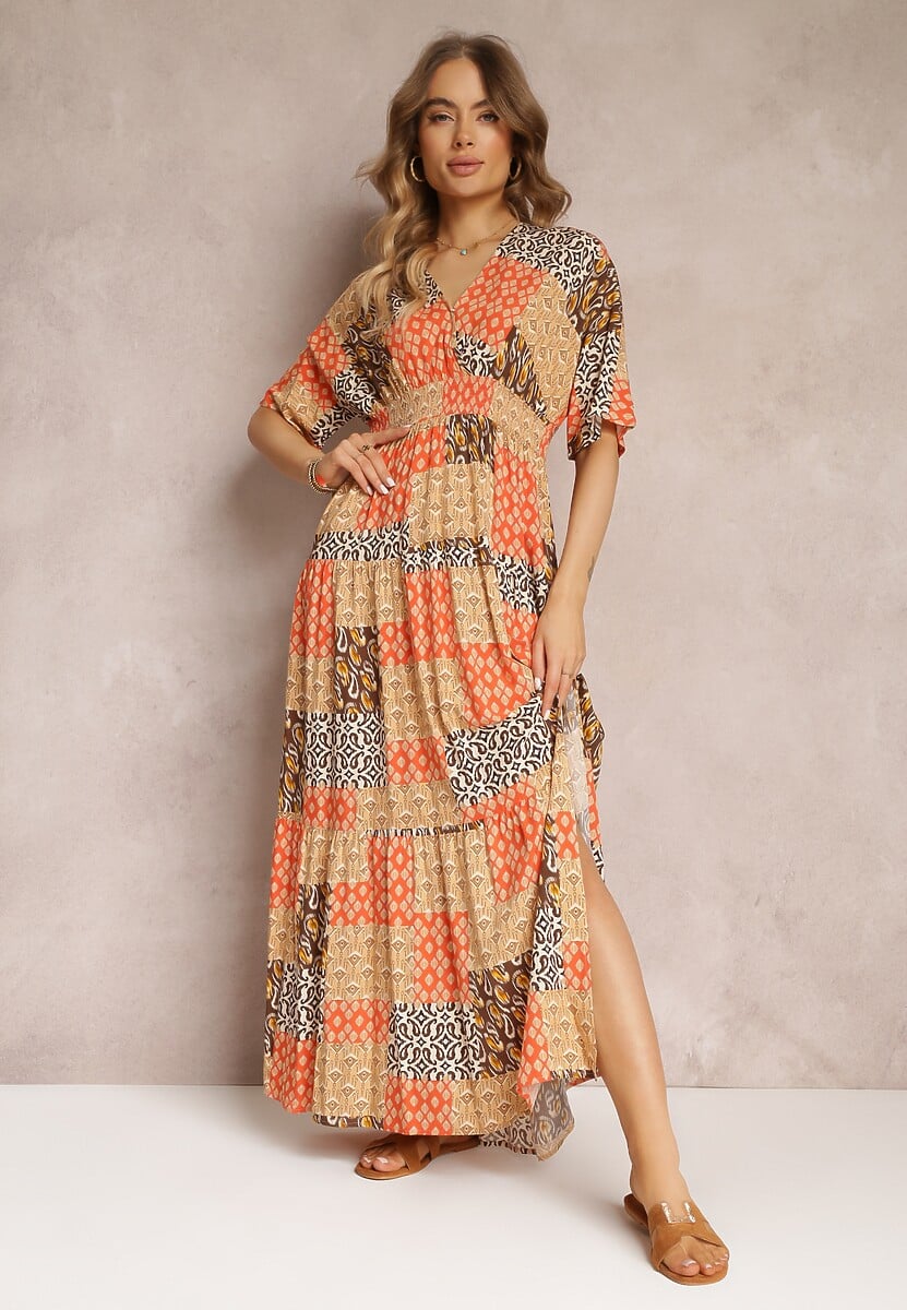 Pomarańczowa Sukienka Maxi z Krótkim Rękawem i Gumkami w Talii z Wiskozy Aveda