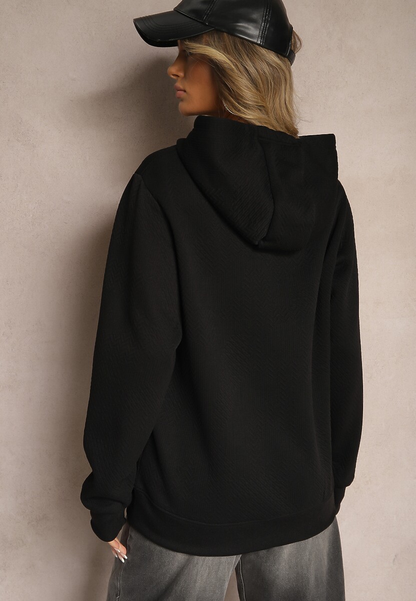 Czarna Casualowa Bluza z Dodatkiem Bawełny Kapturem i Ozdobnymi Sznurkami Feseraria