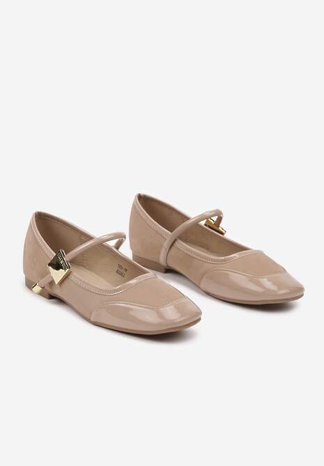 Ciemnobeżowe Balerinki ze Wstawkami ze Skóry Naturalnej o Lakierowanym Połysku ze Sprzączką Alvitta