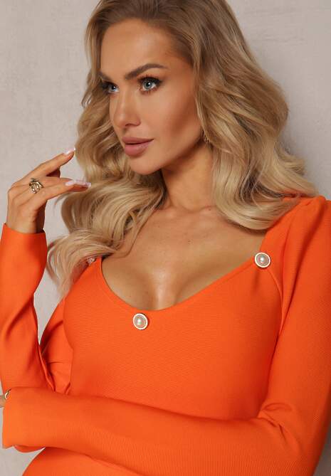 Pomarańczowa Dopasowana Sukienka Mini z Perłowymi Guzikami Vaast