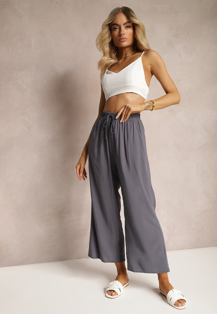 Ciemnoszare Spodnie z Bawełny Typu Palazzo z Gumką w Talii Fieana