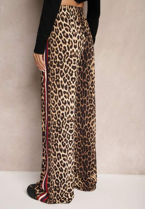 Brązowe Spodnie z Wiskozą High Waist o Szerokim Kroju z Lampasami Elosina