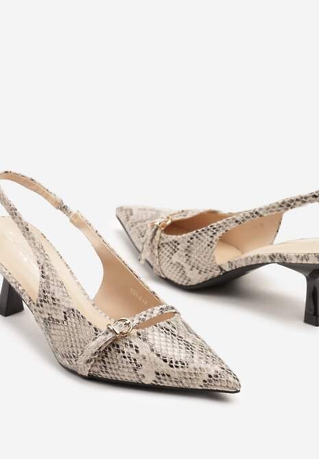 Beżowe Wężowe Lakierowane Sandały Slingback na Obcasie Kaczuszka Aovia