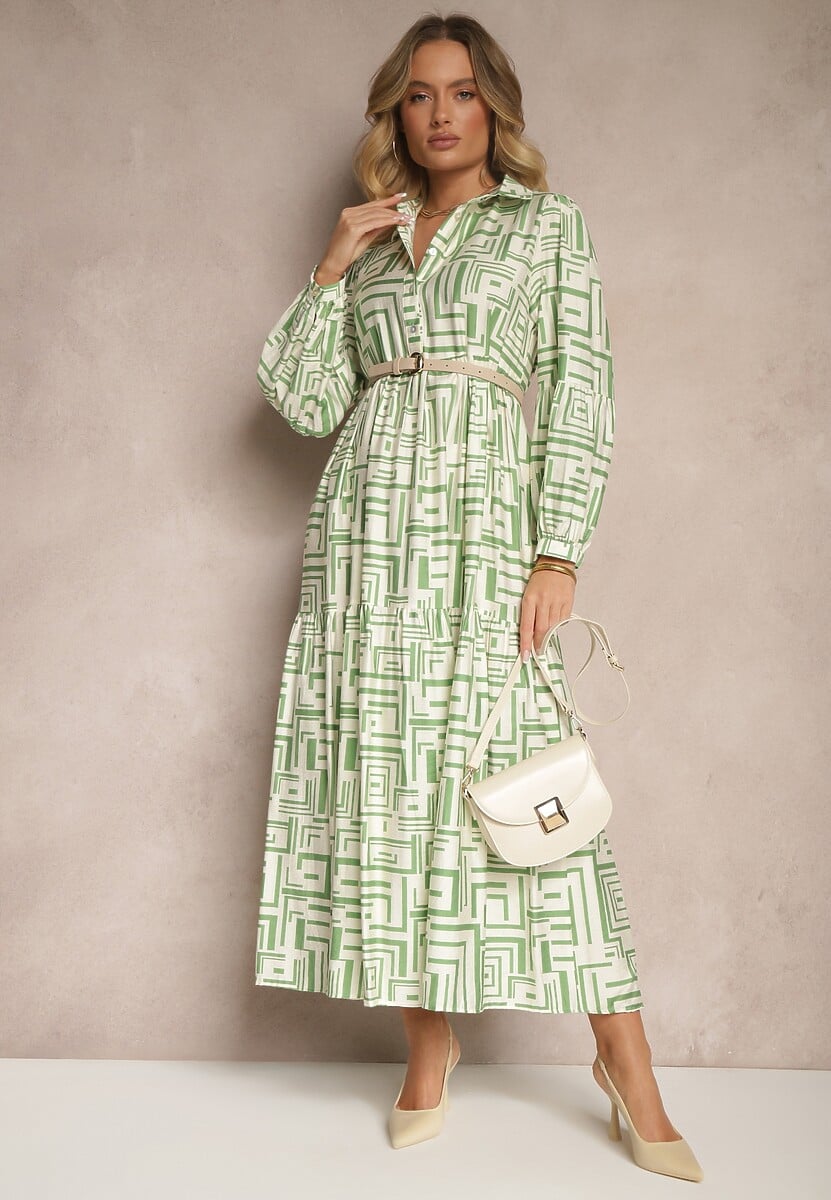 Zielona Rozkloszowana Sukienka z Wiskozą w Geometryczny Print Apirestia