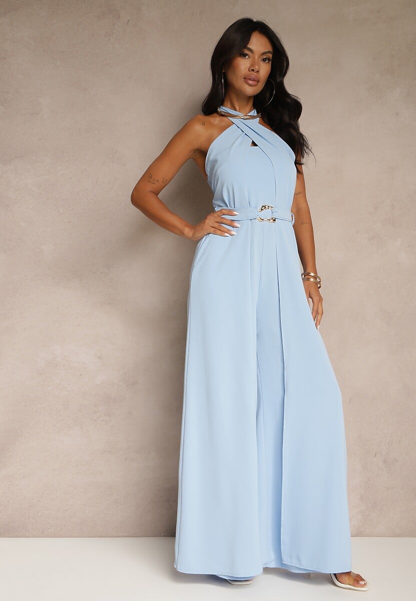 Zielony Kombinezon Koktajlowy Ozdobiony Paskiem z Metaliczną Klamrą Zermira