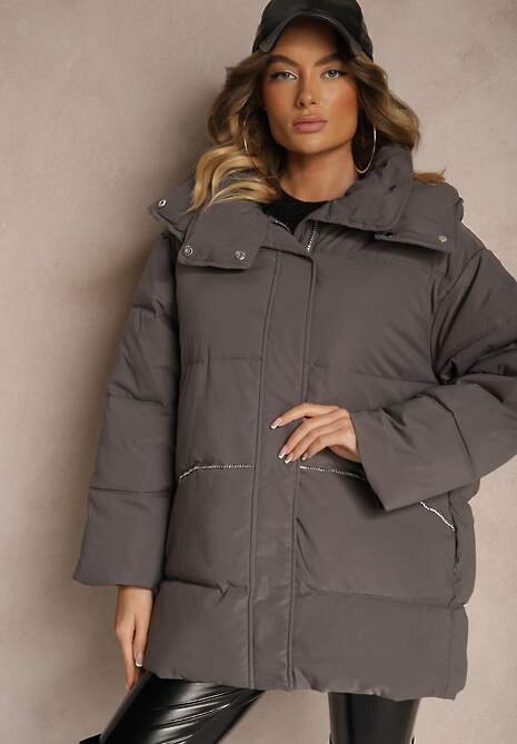 Ciemnoszara Kurtka Oversize z Pikowanymi Przeszyciami Kapturem Kieszeniami i Cyrkoniami Etairea
