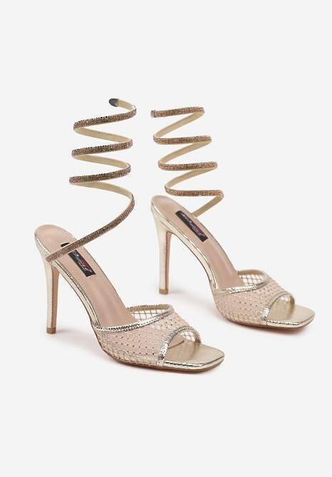 Złote Cyrkoniowe Sandały na Szpilce Oplatające Kostkę Camiora