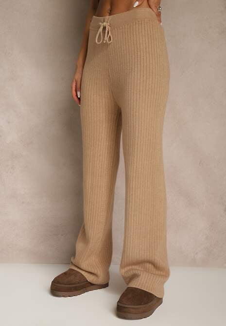 Beżowe Szerokie Spodnie z Wełną High Waist z Prążkowanego Materiału Reinna