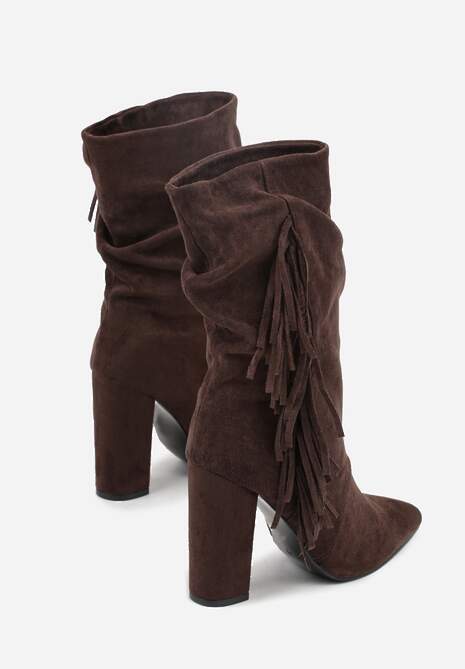 Brązowe Botki Kowbojki na Słupku z Frędzlami Reisetia