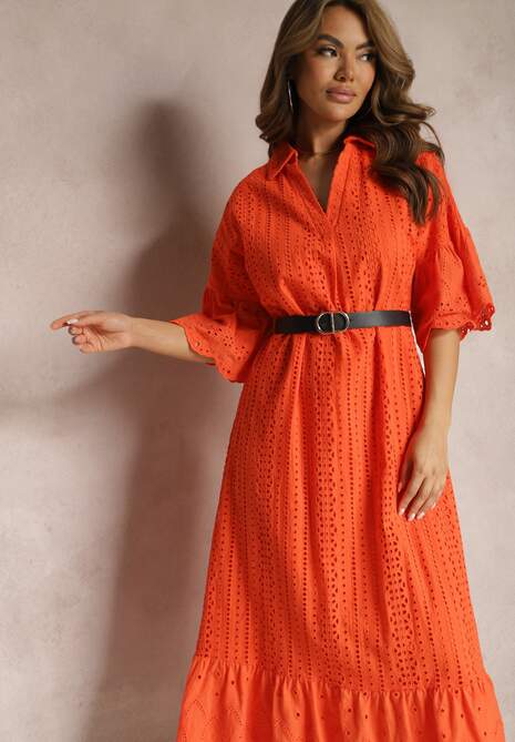 Pomarańczowa Koronkowa Sukienka z Bawełny z Rękawem 3/4 o Rozszerzanym Kroju z Falbanką Mines