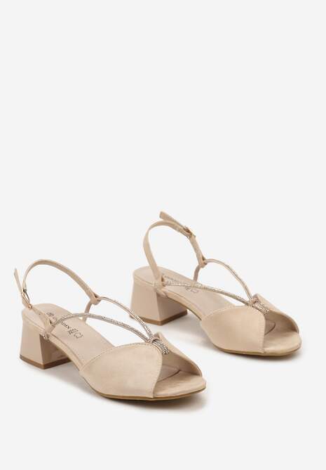 Beżowe Sandały na Niskim Słupku ze Skórzaną Wkładką Zdobione Paskami z Cyrkoniami Alerad