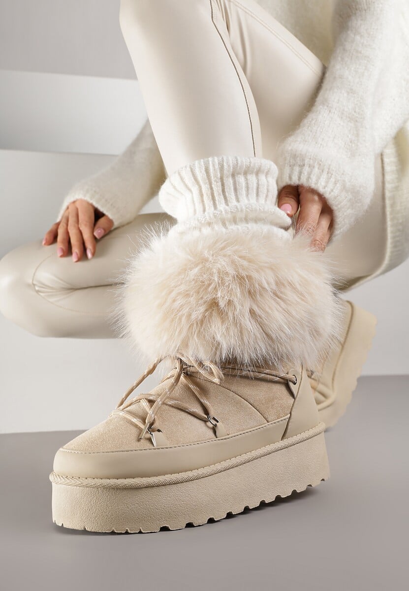 Czarne Śniegowce na Platformie Ozdobione Futerkiem Teswena