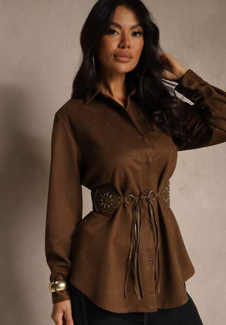 Brązowa Koszula Boho z Dodatkowym Paskiem Zdobionym Frędzlami Uniala