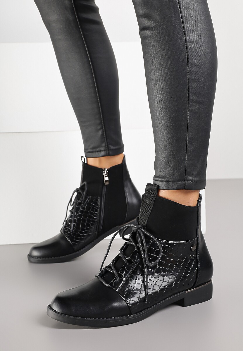Czarne Botki Vices w Stylu Trzewików z Motywem Skóry Krokodyla Alirriva