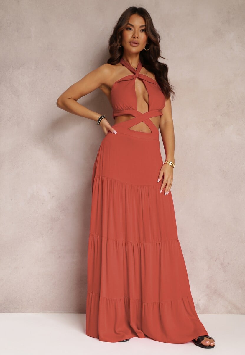 Jasnozielona Rozkloszowana Sukienka z Wiskozy z Wiązaniem i Wycięciami Kailen