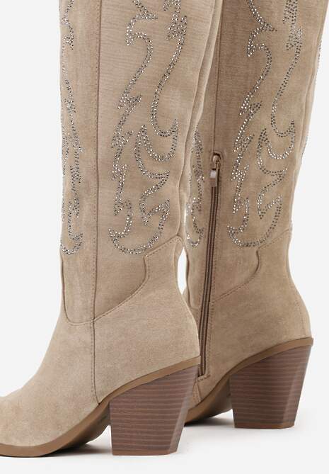Ciemnobeżowe Kozaki Kowbojki na Stożkowym Obcasie Zdobione Cyrkoniami Nalera